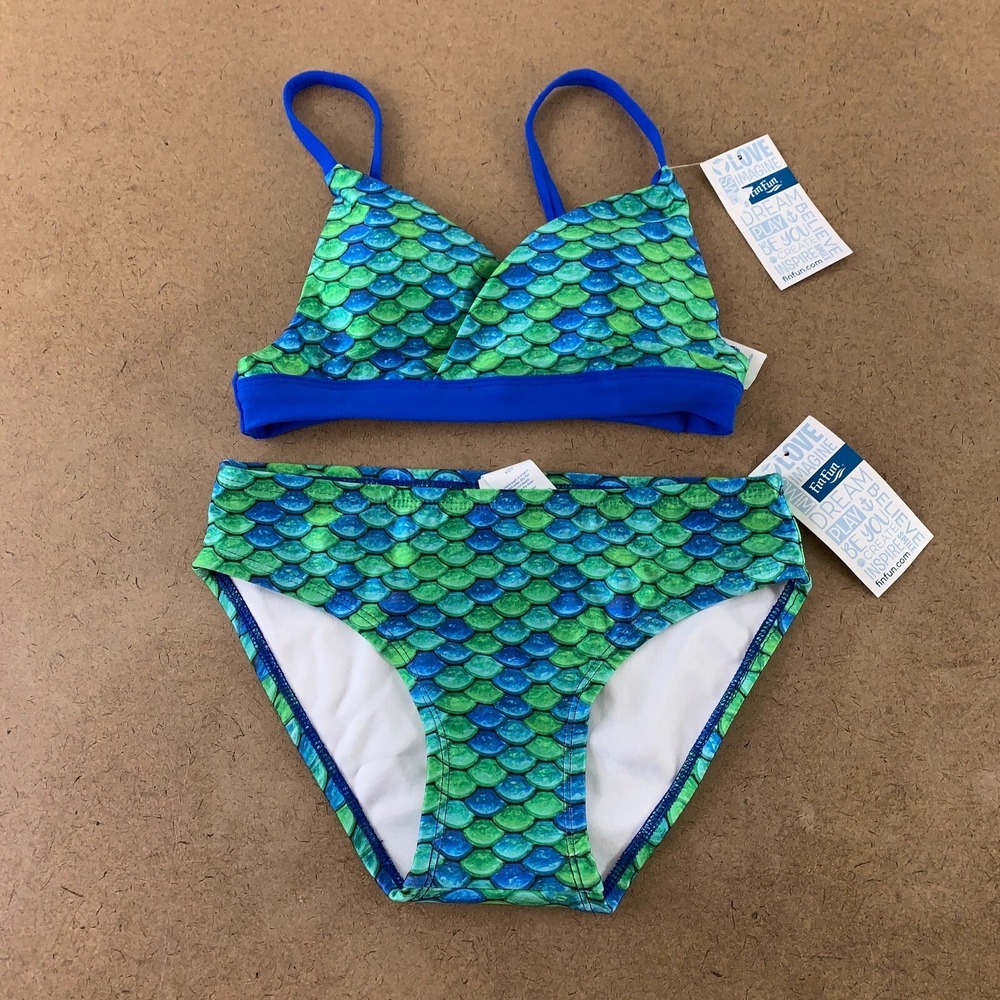 Fin Fun Girls Size Large Aussie Green Blue Reversible Top 2 Piece Bikini Set New